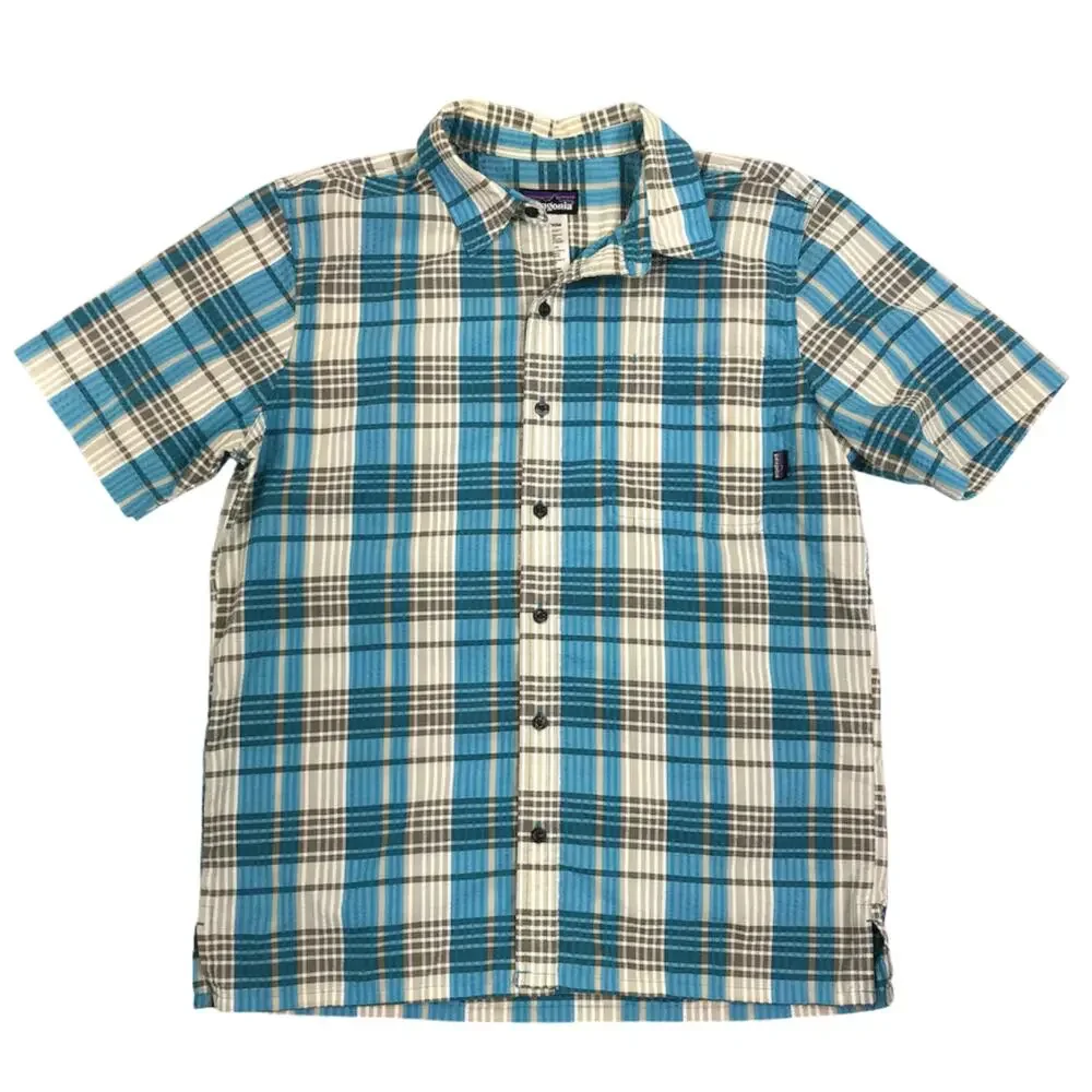 PATAGONIA Puckerware Plaid Short Sleeve Shirt Men M Blue Classic Crinkle Resort